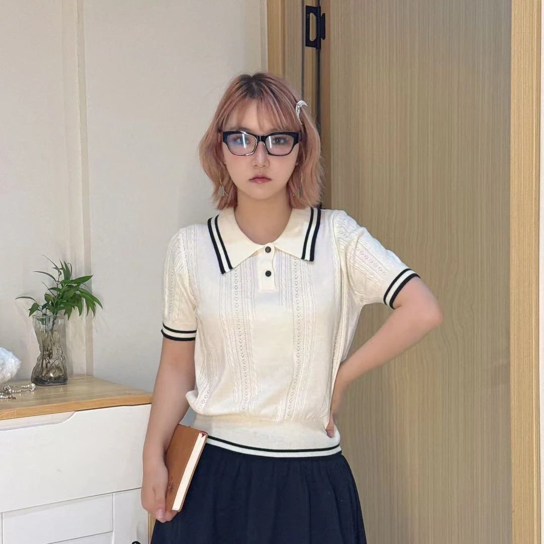 GreenGreen 撞色学院风POLO领短袖针织衫ZY2629时尚