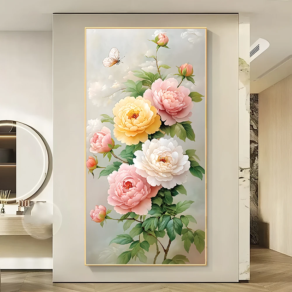 牡丹花挂画新中式入户门玄关装饰画花开富贵竖版走廊客厅过道挂画