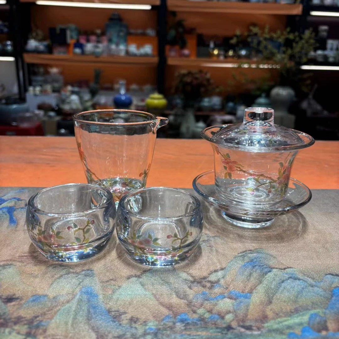 扬名茶器 桃李春风桃花玻璃盖碗一盖两杯公道小套装2641
