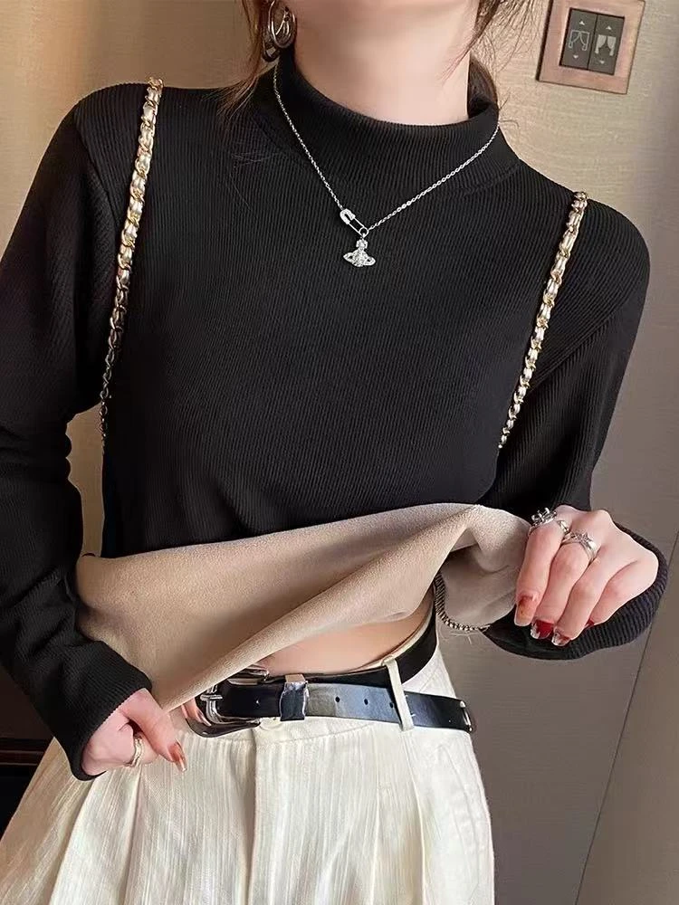 冬季新款打底衫加厚半高领保暖加绒女打底衫上衣修身内搭打底
