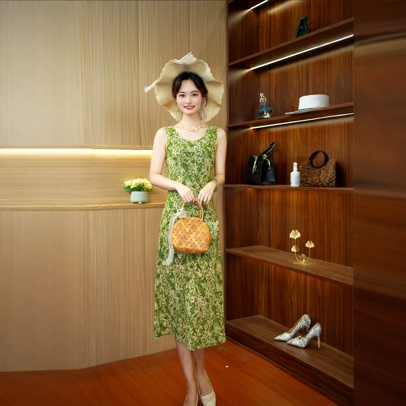 A-124新款长款无袖连衣裙2025夏季中长款缎面显瘦显高长裙