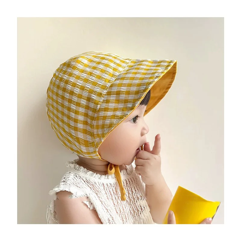 婴儿帽子夏款遮阳格子系带大檐宫廷帽女宝宝春秋薄款洋气防晒帽