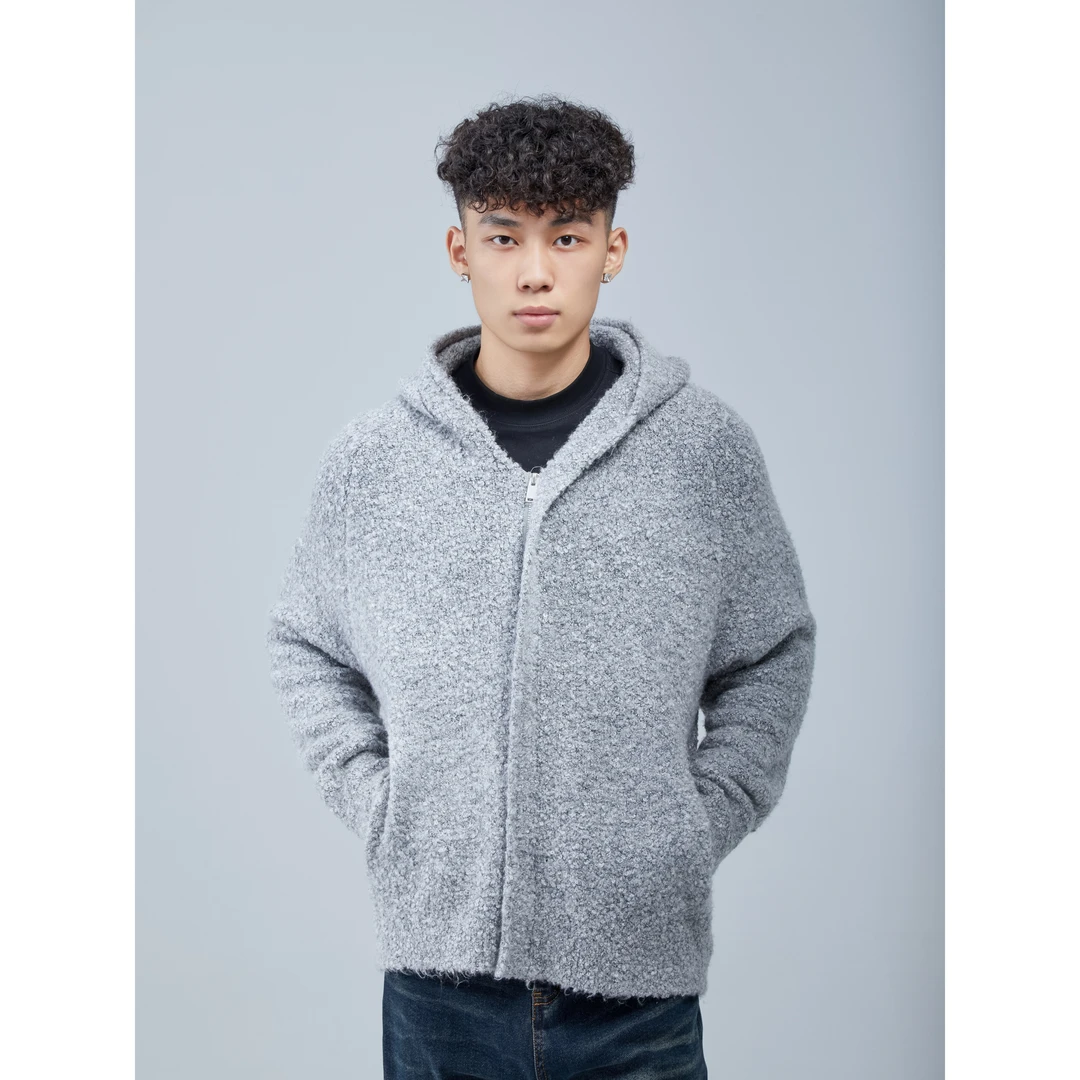 【怪兽实验室】美式复古花灰色保暖羊毛外套秋冬慵懒风连帽针织开衫