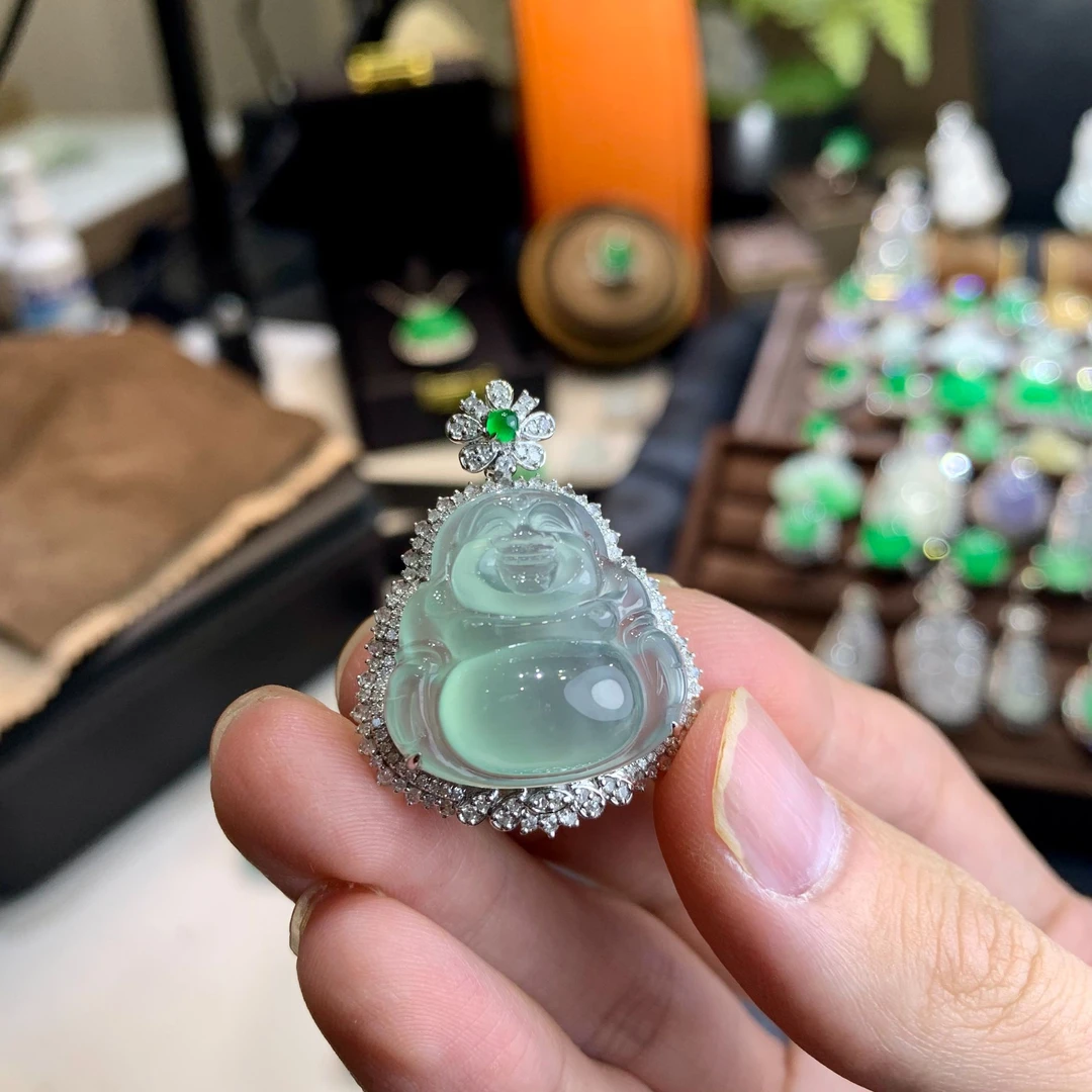 卡10厚翡翠冰晴佛公镶嵌时尚气质冰透精美项坠大女王