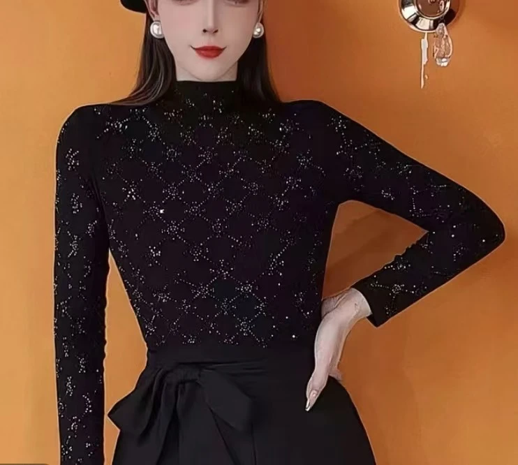 （太阳花-半高领）冬款加厚款百搭烫钻重工洋气长袖黑色时尚打底衫