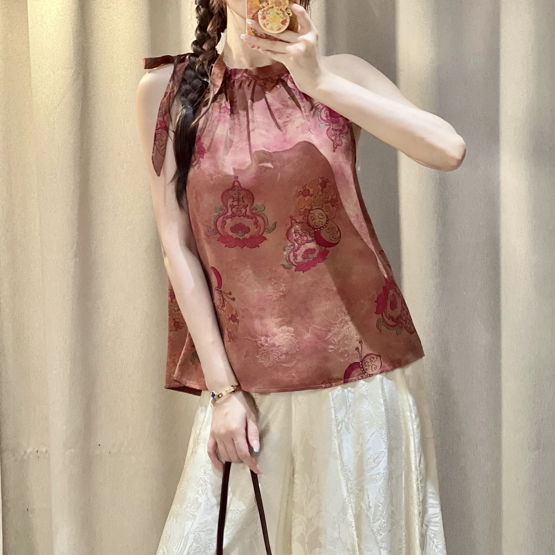 知雨前新中式国风系带挂脖桑蚕丝香云纱上衣无袖斜裁修身女夏新款