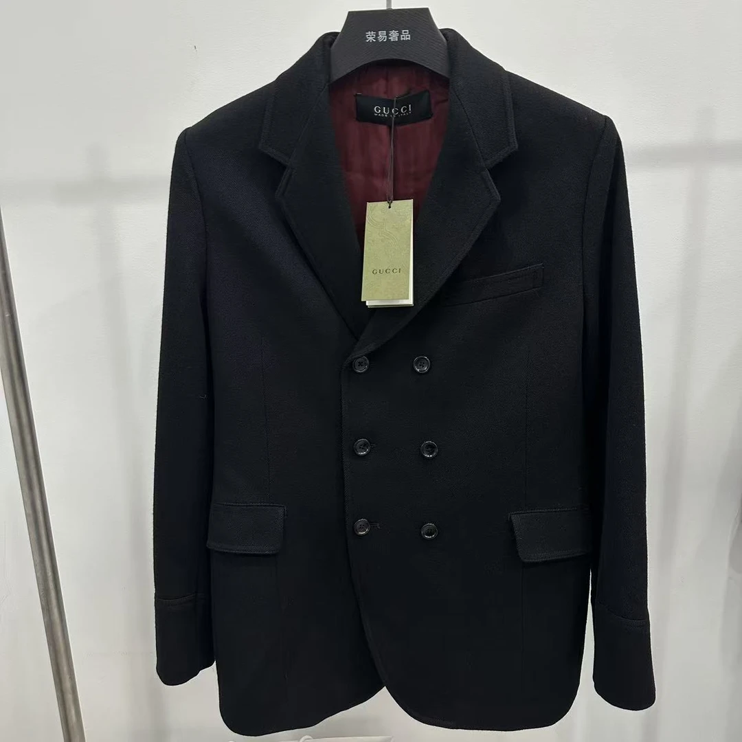 未使用 GUCCI/古驰 黑色双排扣呢子风衣外套/50码