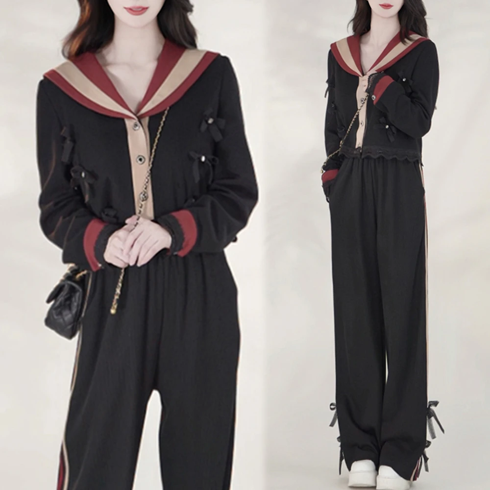 慵懒风撞色时尚套装女2025春秋新款海军领长袖针织衫阔腿裤两件套