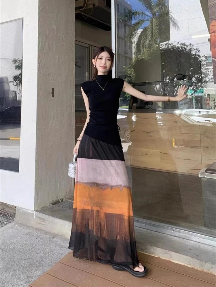 轻熟风御姐套装女小心机黑色针织衫一整套ootd穿搭新款渐变色裙子