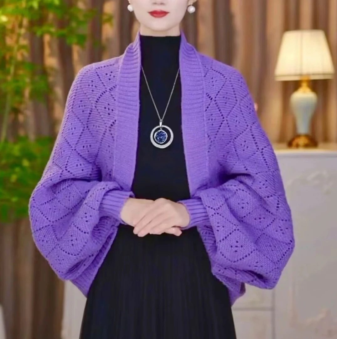 镂空法式防风披肩时尚洋气小开衫纯羊毛编制T122