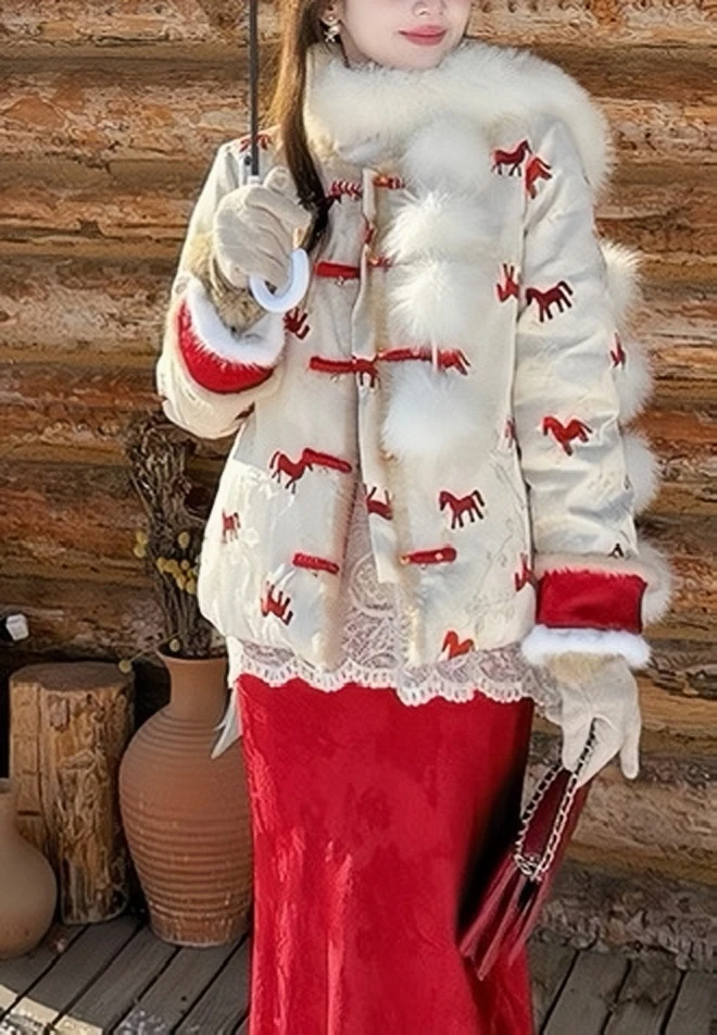 【瑞马迎春】新中式水貂毛夹棉外套国风马年女印花双面双穿棉服
