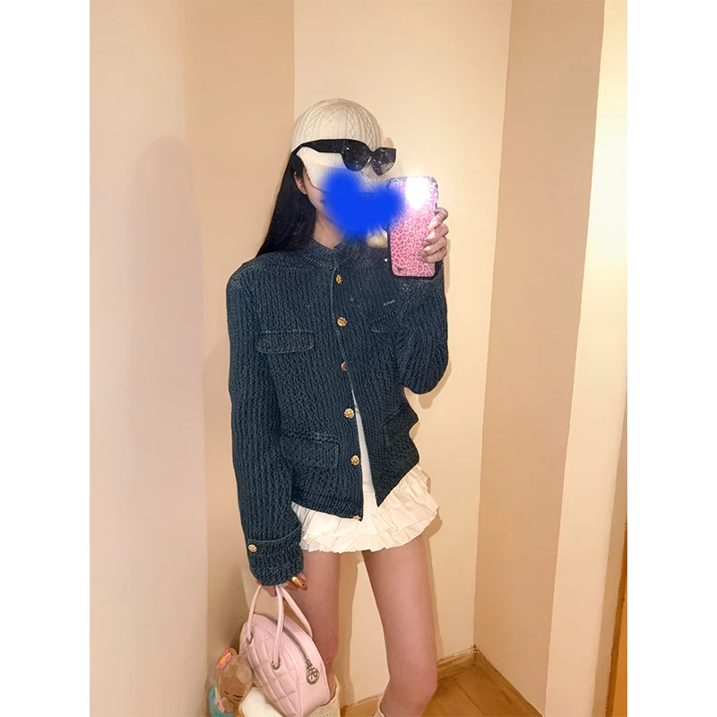 KSKM蓝色牛仔外套女2026春秋新款美式老钱风肌理感超好看立领夹克