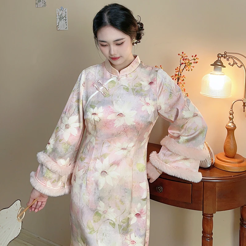 荷花【自制款】原创设计加绒加厚粉色少女娇羞大码胖mm旗袍连衣裙