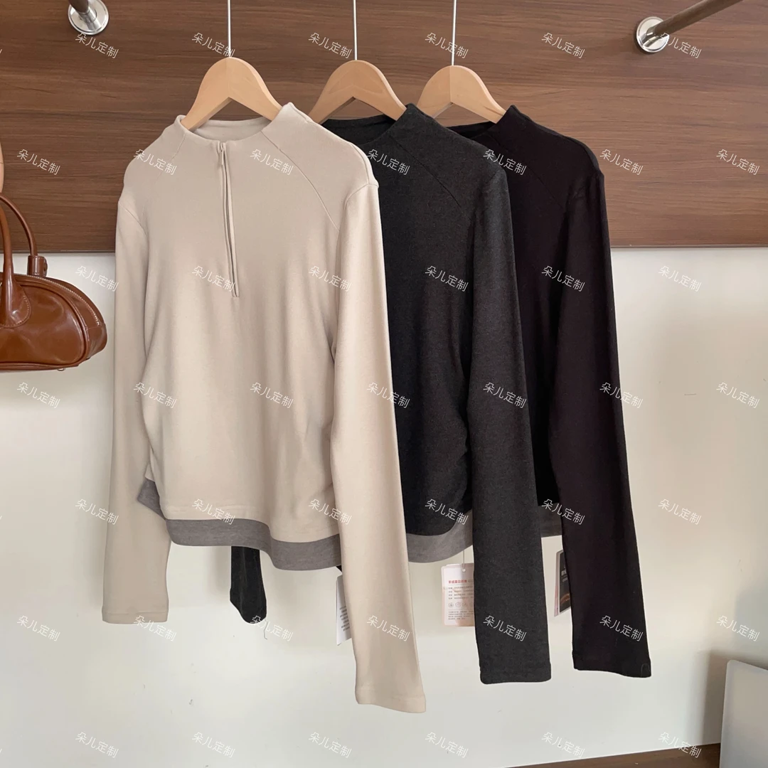 朵儿定制 半拉链立领假两件褶皱长袖T MC09