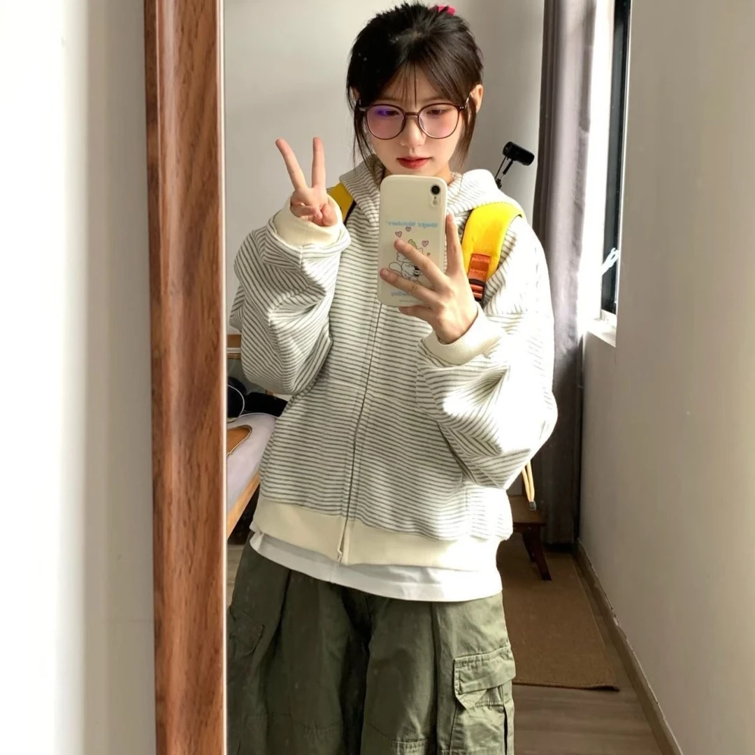 秋季韩系氛围感宽松条纹开衫连帽卫衣女休闲长袖上衣小众短款外套