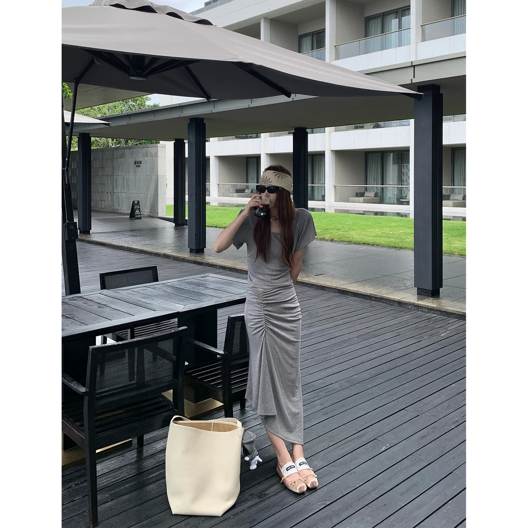 70不是七十【灰韵流年】夏季针织圆领短袖上衣针织不规则下摆半裙