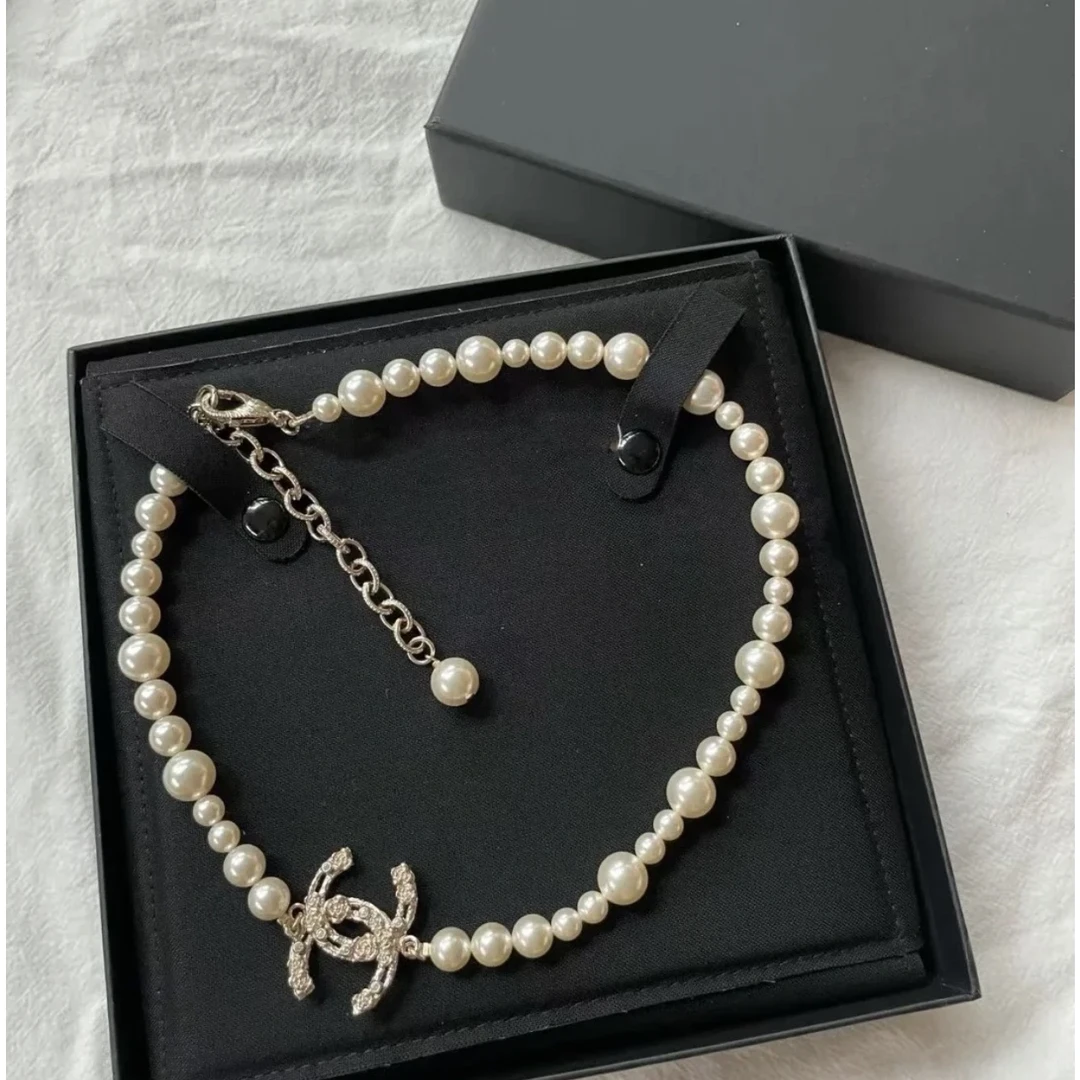 99新 Chanel/香奈儿 蔚蓝中古/玫瑰雕花珍珠项链