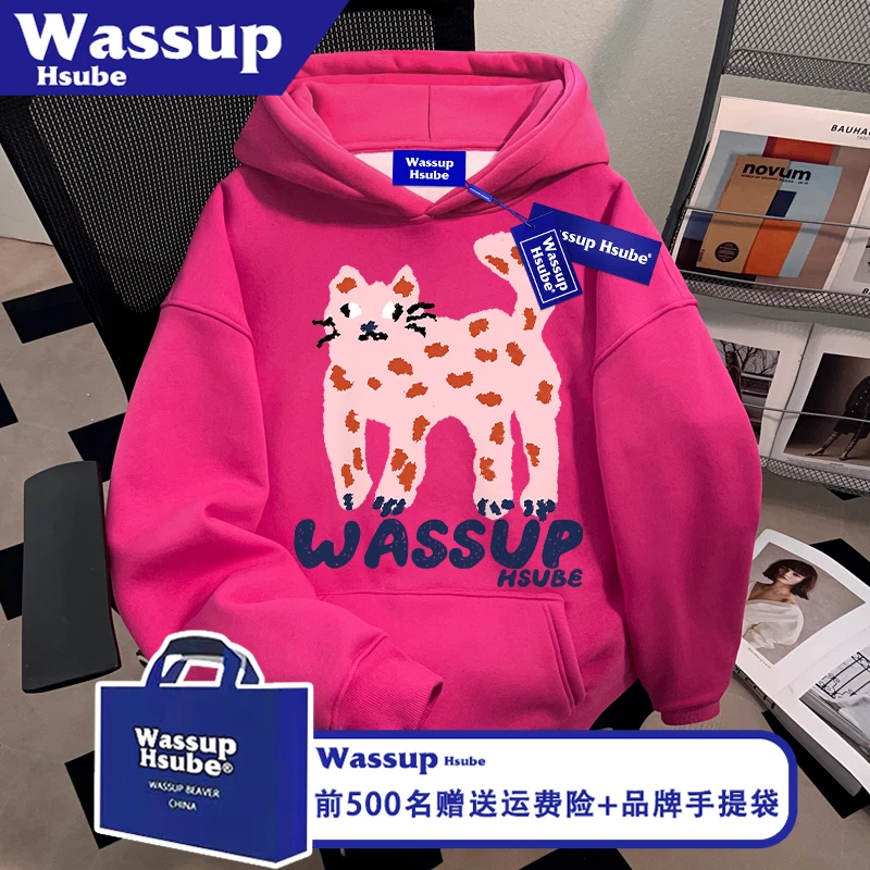WASSUP HSUBE美式男女上衣秋季斑点猫咪印花火龙果色连帽套头卫衣