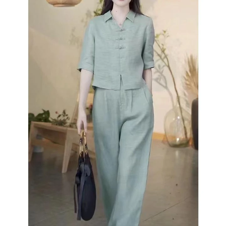 中国风禅意穿搭一整套女夏季高端复古盘扣衬衫上衣阔腿裤两件套装