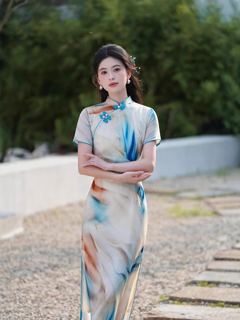 风华《笑曼》花色旗袍中长25夏季新款改良复古时尚少女中国风连衣裙