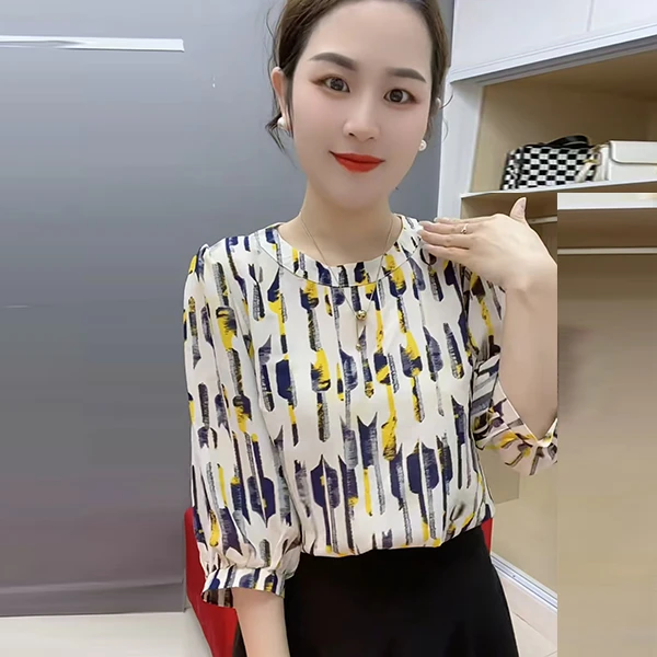 夏季花色上衣七分袖女装新款妈妈装时尚大码宽松显瘦中袖碎花衬衫