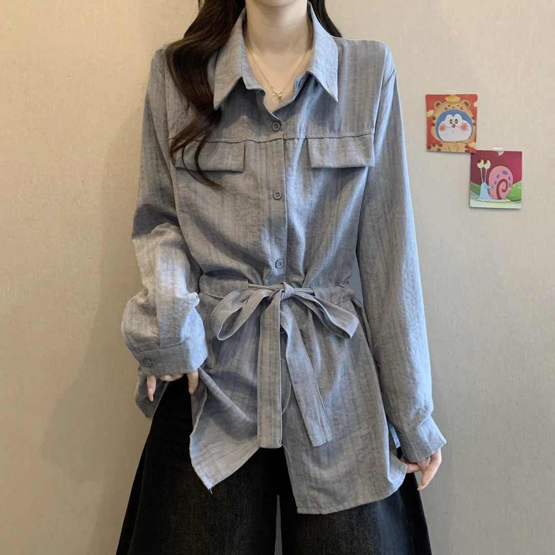 设计感韩系扎染系带polo领长袖衬衫女秋大码胖MM收腰显瘦遮肚上衣