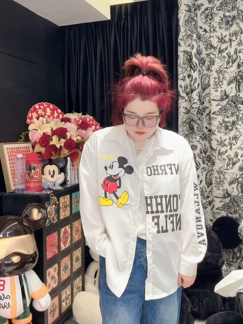 涵涵家~韩系宽松显瘦洋气百搭卡通字母印花衬衫#2805