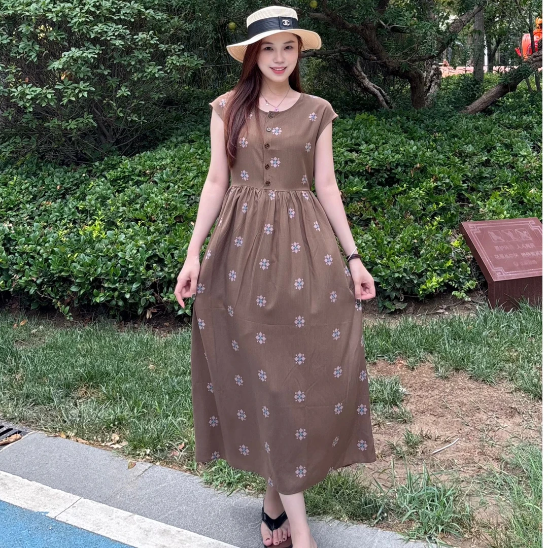 2005夏季韩版连肩宽松绵绸长裙时尚印花气质休闲显瘦连衣裙3011