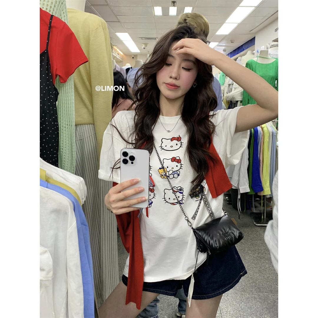 美树【柠檬绿茶】kitty猫宽松减龄蝴蝶结设计感短袖T恤  8356#