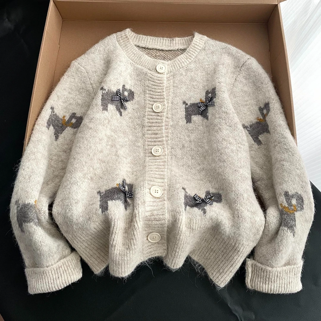 夏季新款韩系温柔圆领长袖针织衫圆领小狗绣花立体蝴蝶结设计开衫