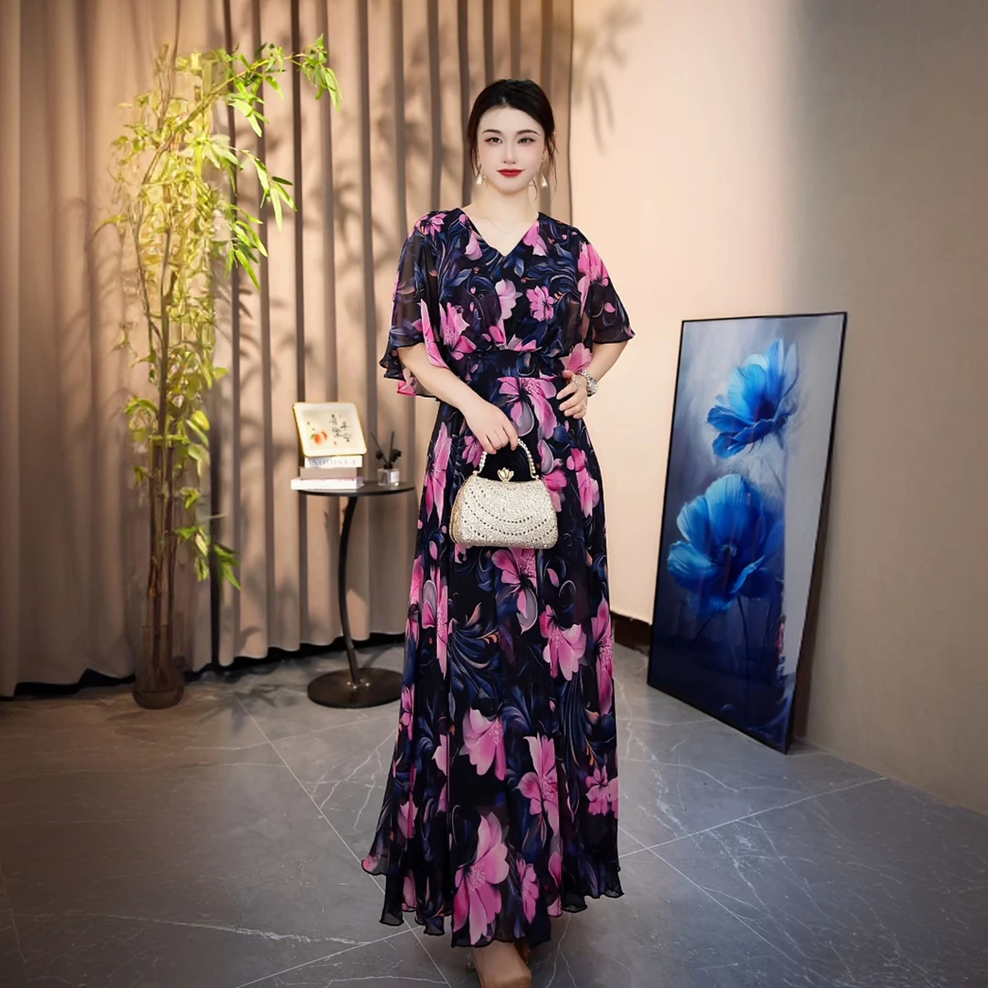春夏新款色连衣裙中袖大摆裙印花长裙X693-85A