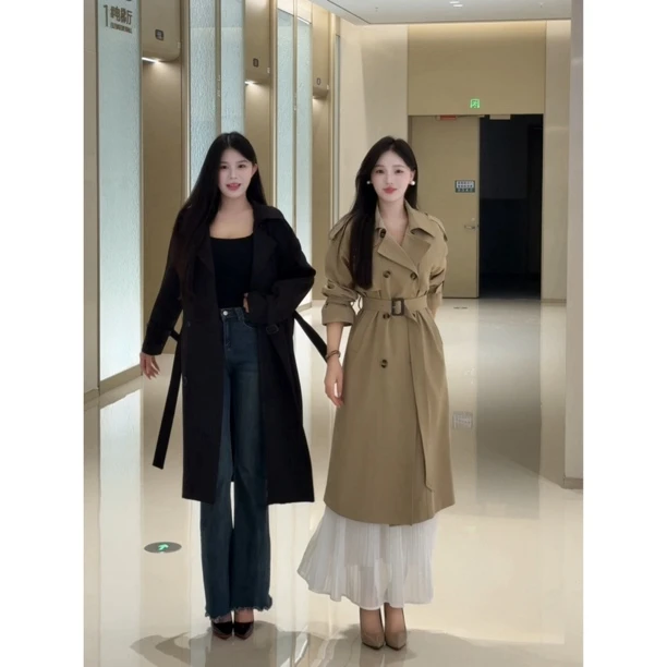 风衣外套女款2025新款高级感廓形大翻领双排扣长款气质卡其色大衣