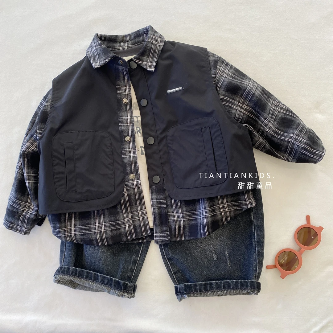 男童衬衫2025秋季新款儿童韩版拼接格子衬衫外套百搭假两件衬衣潮