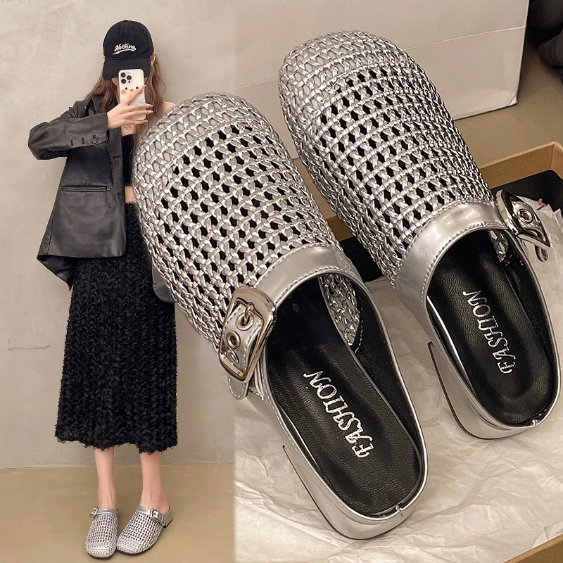 时尚软底2025春夏新款复古小众编织半包头拖鞋女透气潮流凉拖女
