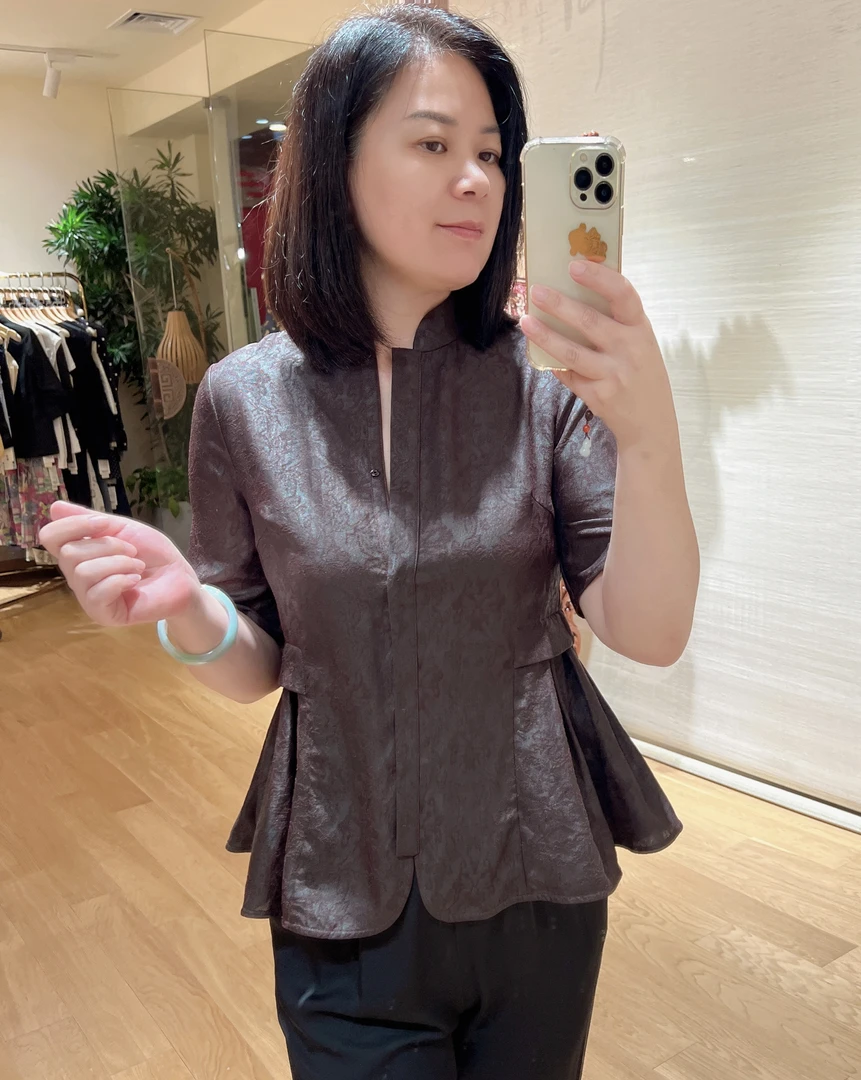 2025新款时尚气质香云纱立领短袖花萝上衣新中式国风短款夏季复古