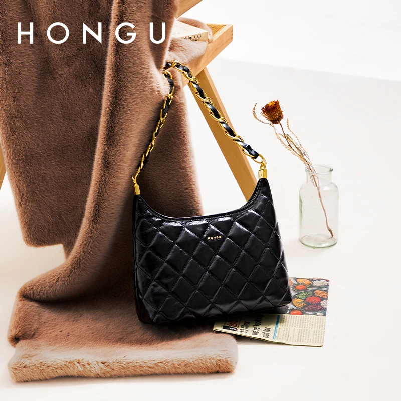 HONGU/红谷头层油蜡真皮摩登牛皮小香风Hobo包包包H5176149