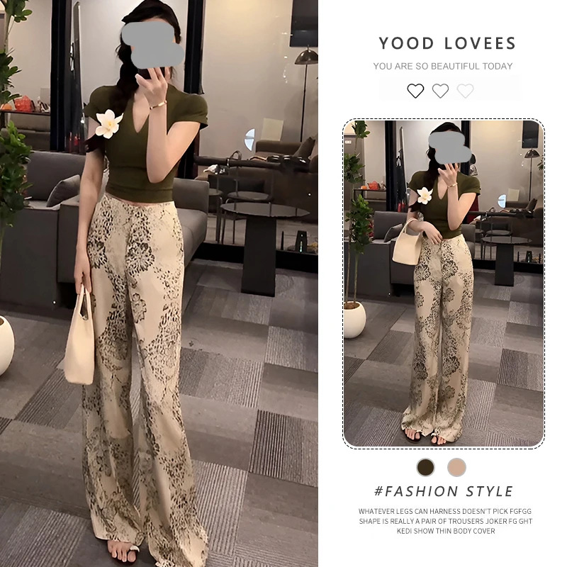 2025夏季新款韩版时尚百搭V领短袖T恤女宽松显瘦豹纹阔腿裤潮套装