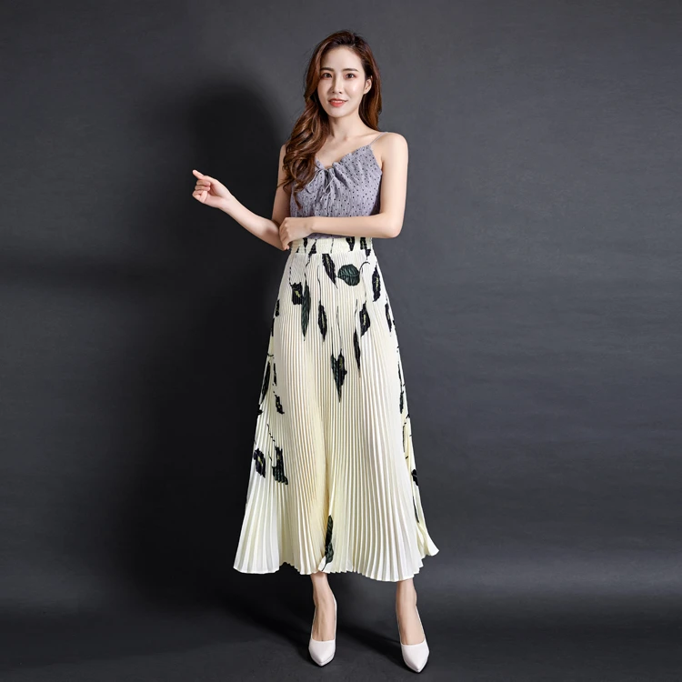 百褶叶片印花裙子高腰飘逸民族风半身裙大摆裙显瘦气质
