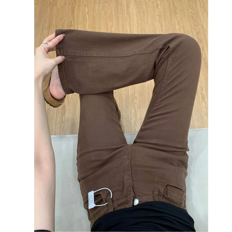 雪千羽美拉德咖色微喇牛仔裤女2025秋新款加绒高腰弹力显瘦喇叭裤
