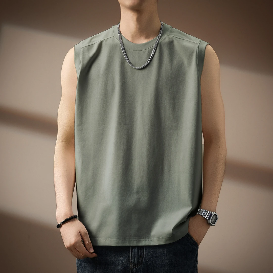 高端UPF50+防晒速干背心男夏季薄款纯色圆领无袖宽松休闲打底T恤
