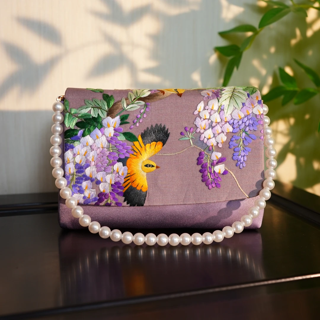 【紫藤黄鹂鸟淑女包】非遗手工苏绣 尺寸13*18cm 日常国风仙女礼品
