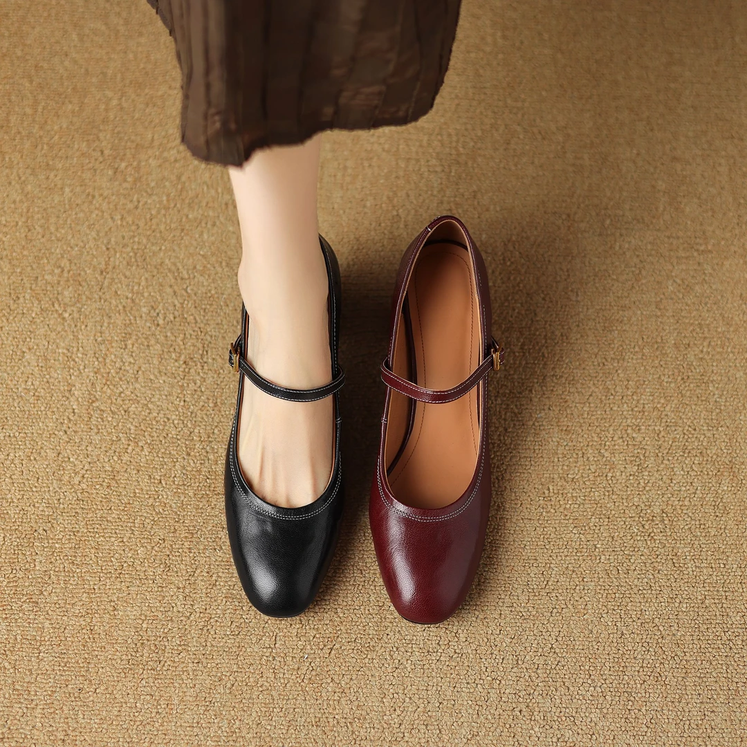 安羽【5.5厘米】真皮软底复古法式方头中跟尖头单鞋高跟鞋女士