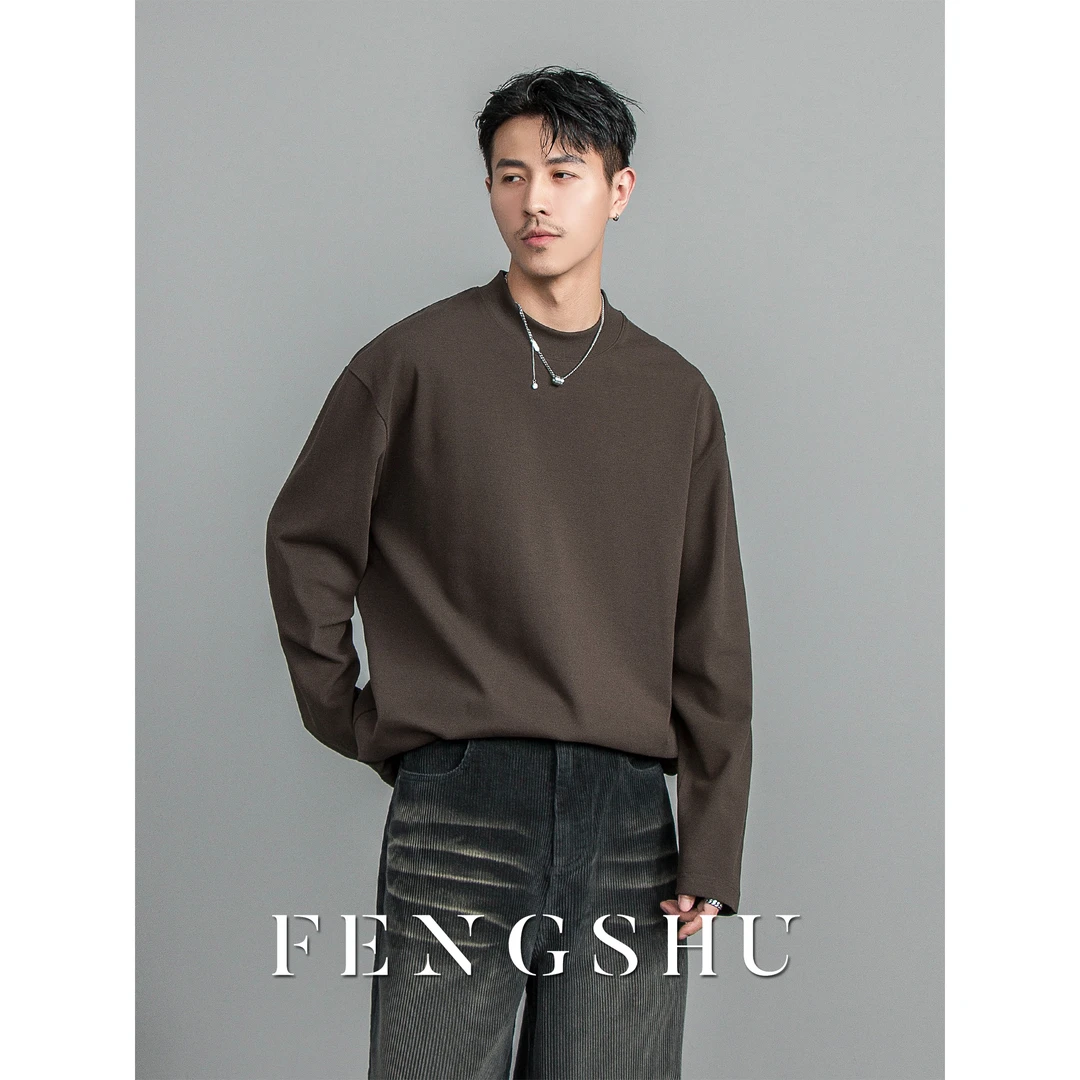 FENGSHU【莫代尔】秋季打底衫纯色男士内搭宽松重磅圆领长袖t恤上衣