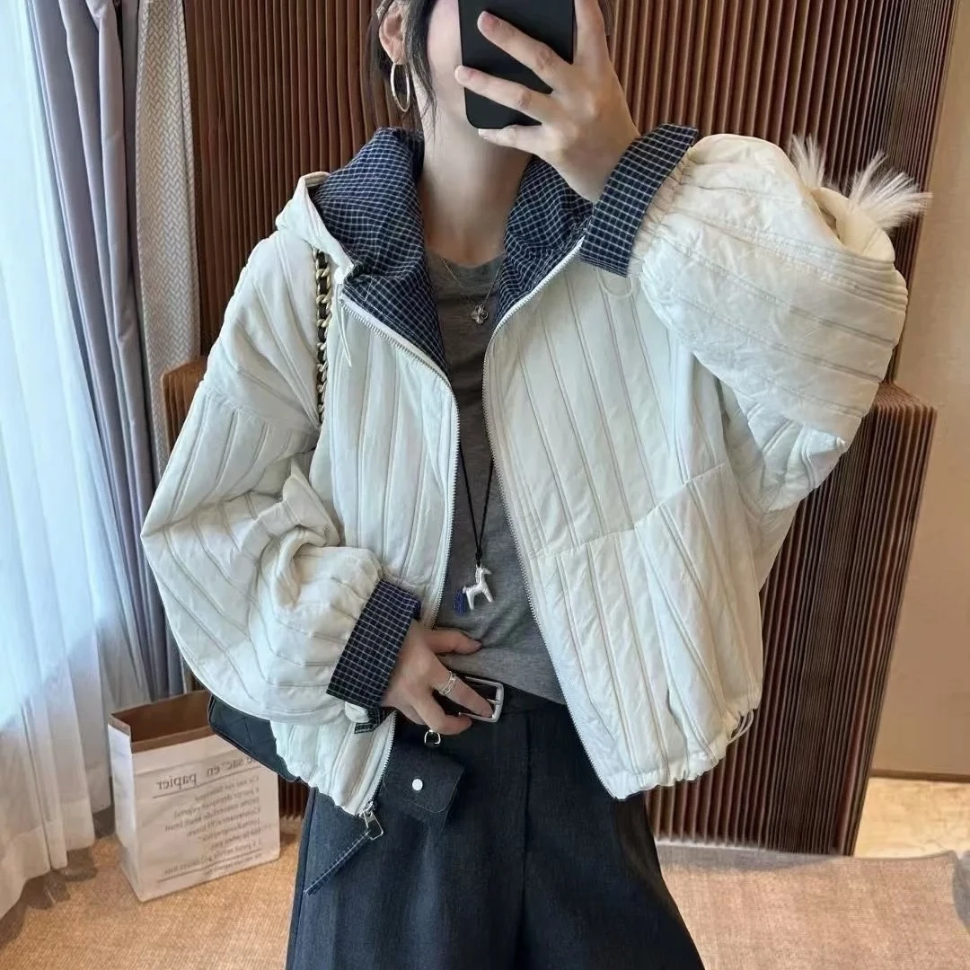 2025秋新款连帽拼格袖口薄棉设计师款韩版宽松休闲百搭外套女