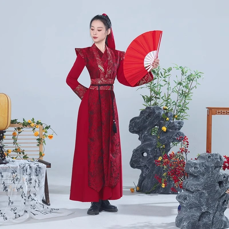 红色打鼓演出服男女侠客风花木兰剑舞国风古装扇子舞蹈服雪龙吟