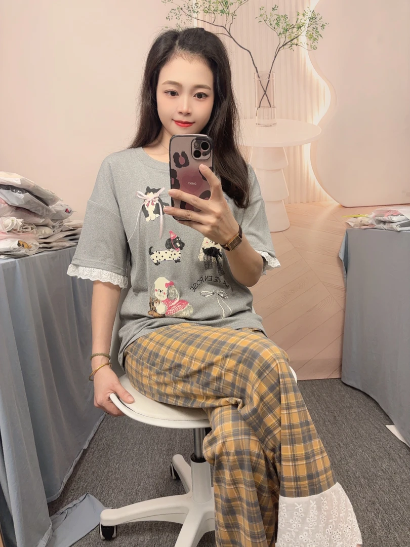 夏季新款可爱女生短袖长裤套装家居服宽松带胸垫防凸点睡衣卡通韩