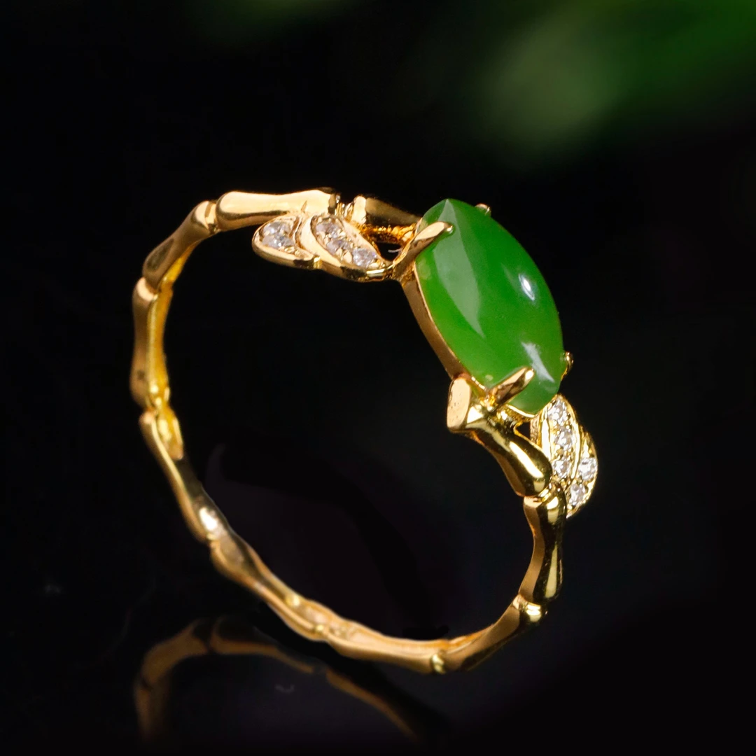 白玉世家竹韵清风/18K金碧玉阳绿戒指春日上新礼物和田玉玉石手镯