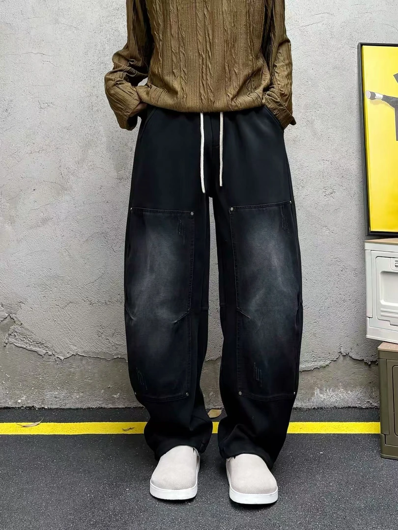 Sxir（）25男休闲裤复古扎染水洗质感垂坠感微弯刀直筒裤男生裤子