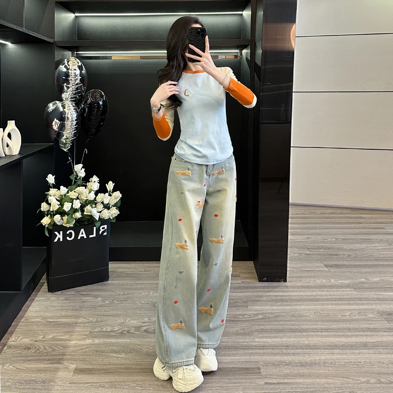 拼色设计图案印花T恤女修身显瘦欧货长袖上衣2025春秋新款套装女