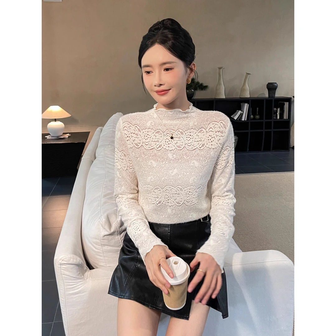 半高领米白色打底衫女2025新款秋季蕾丝钩花长袖针织内搭上衣减龄